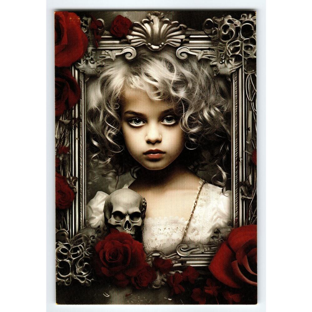 Gothic Girl with Skull & Red Roses Halloween Photochrome Postcard